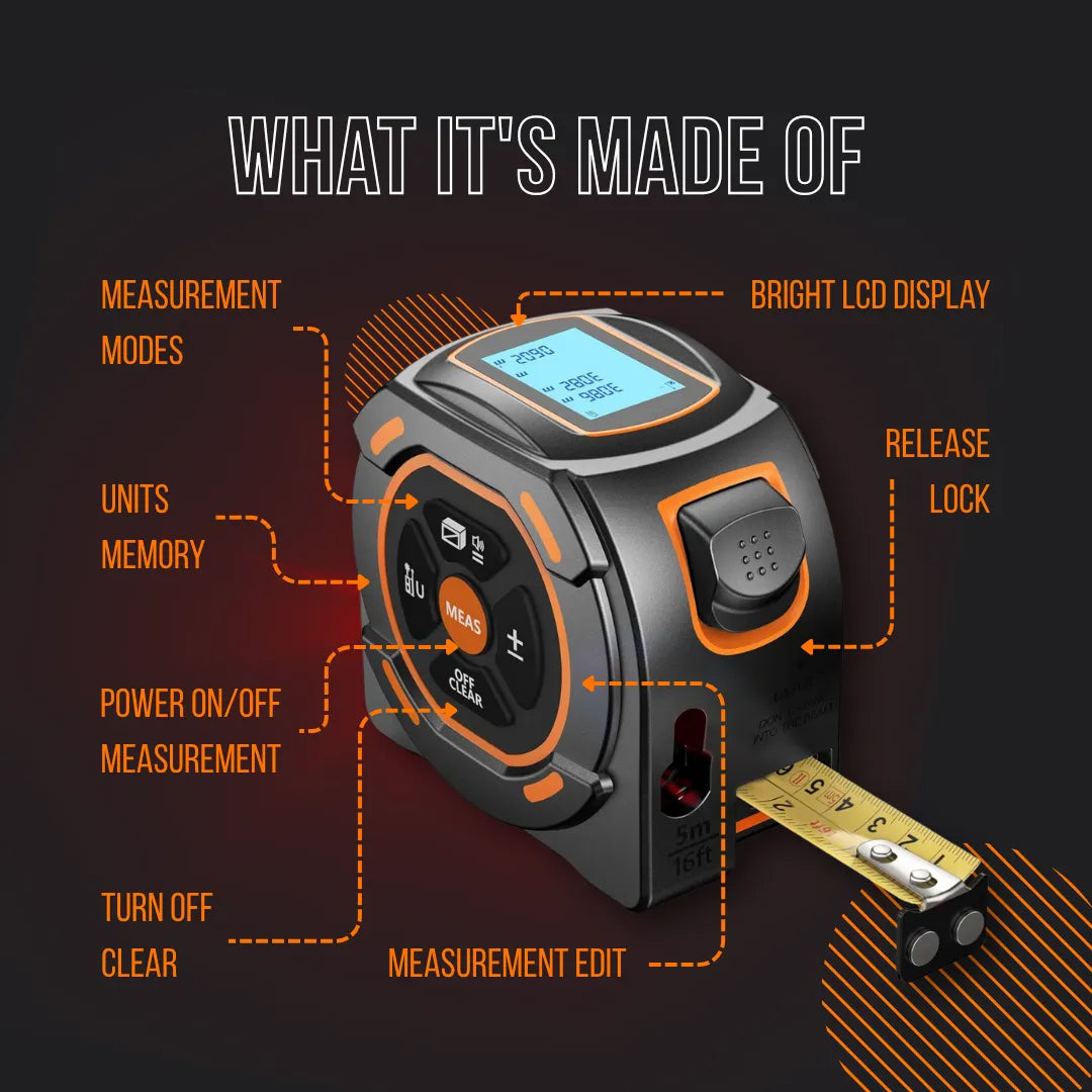 Digital tape measure with LCD display, labeled buttons, and measurement functions highlighted.