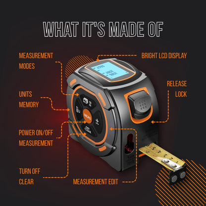 Digital tape measure with LCD display, labeled buttons, and measurement functions highlighted.