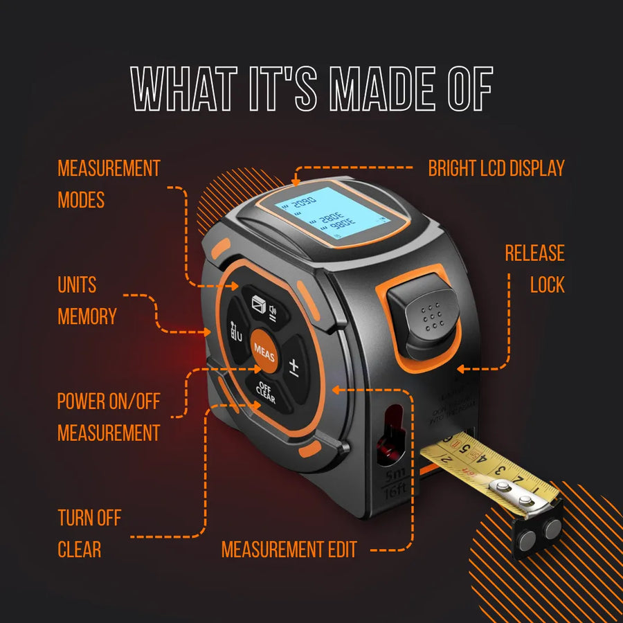 Digital tape measure with LCD display, labeled buttons, and measurement functions highlighted.