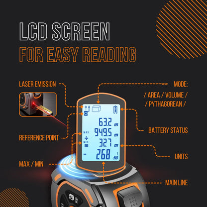 Digital tape measure with LCD screen, laser emission, and measurement mode indicators.