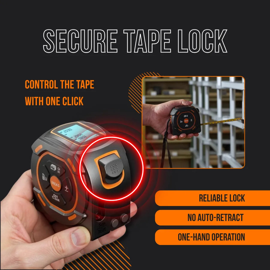 Digital tape measure with secure lock button, held in hand, shelving in background.