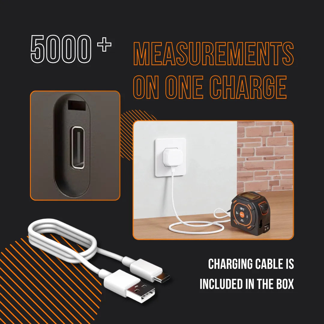 Rechargeable digital tape measure with charging cable, USB port, and wall charger