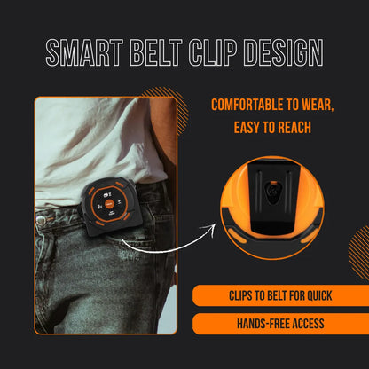 Smart belt clip tape measure attached to jeans for easy, hands-free measuring access.