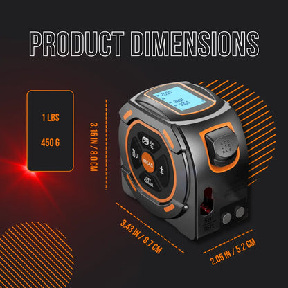 Digital tape measure with LCD screen, product dimensions, and weight details on black background