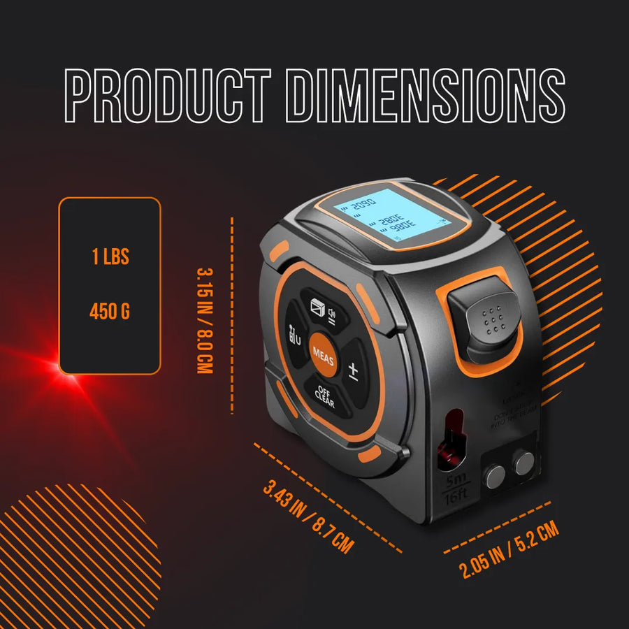 Digital tape measure with LCD screen, product dimensions, and weight details on black background
