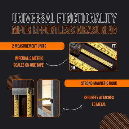 Tape measure with imperial and metric units, strong magnetic hook, measuring metal frame.