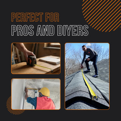 Tape measure used by pros and DIYers on wood, roof, and drywall construction projects