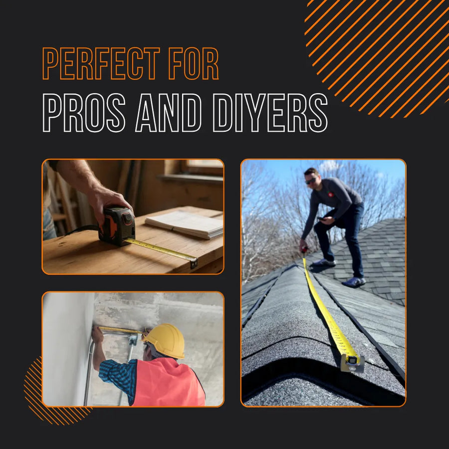 Tape measure used by pros and DIYers on wood, roof, and drywall construction projects