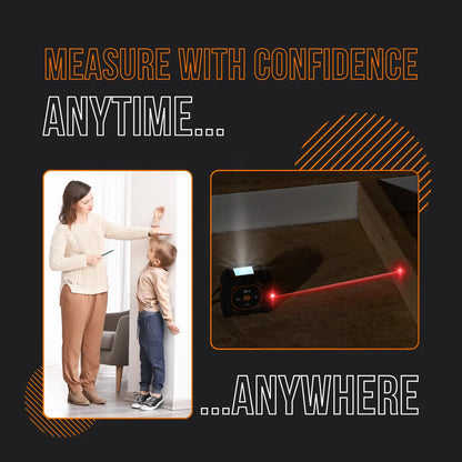 Tape measure ad showing woman measuring child’s height and digital laser tape measuring distance