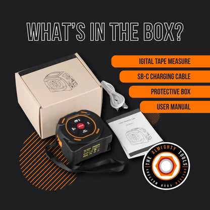 Digital tape measure, USB-C charging cable, protective box, user manual, and packaging.