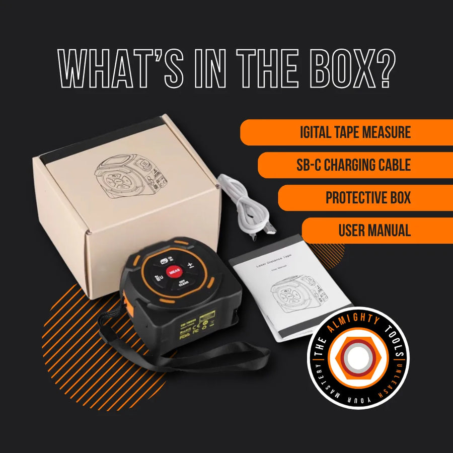Digital tape measure, USB-C charging cable, protective box, user manual, and packaging.