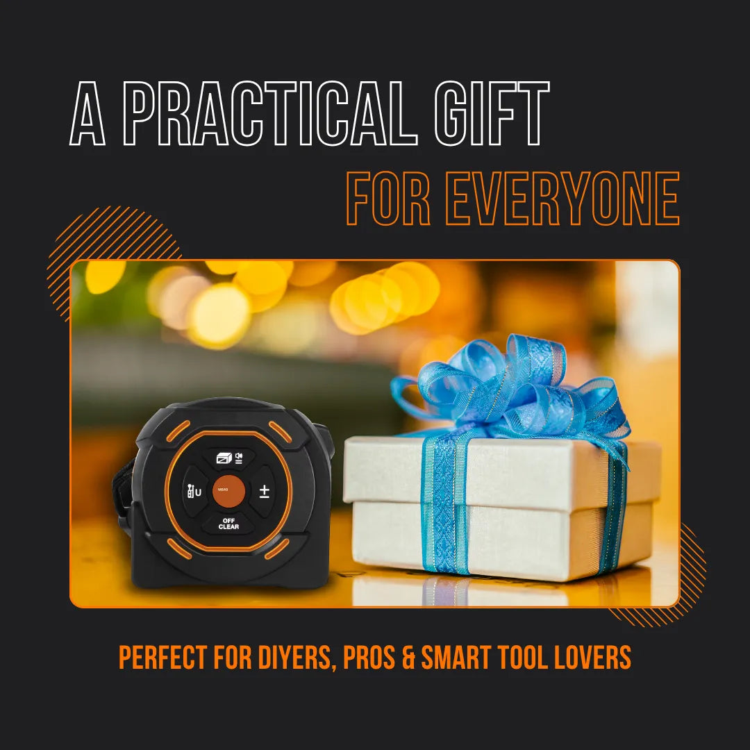 Digital tape measure beside a white gift box with blue ribbon, practical gift idea