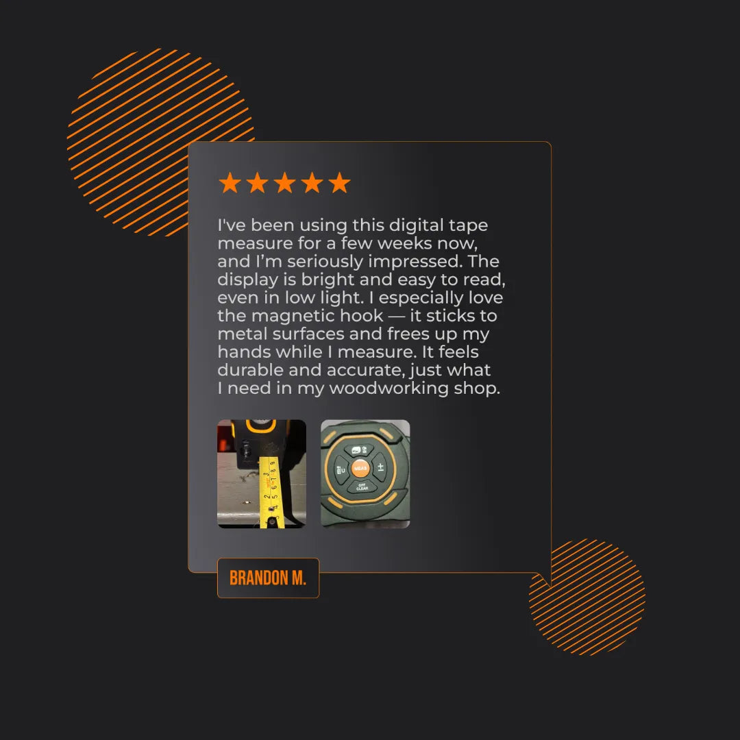 Five-star review for digital tape measure with magnetic hook, bright display, woodworking use