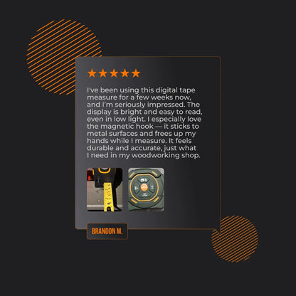 Five-star review for digital tape measure with magnetic hook, bright display, woodworking use
