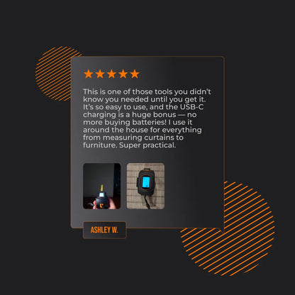 Customer review for digital tape measure tool with display and USB-C charging, two product images.