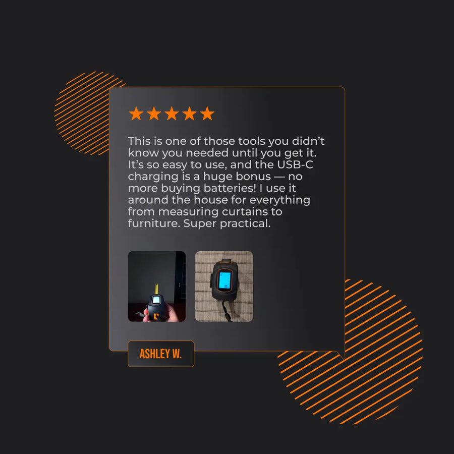 Customer review for digital tape measure tool with display and USB-C charging, two product images.