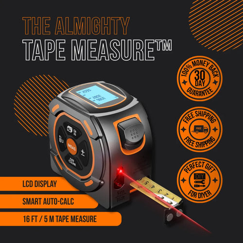 Digital tape measure with LCD display, laser guide, and promo badges for DIY measurement tool