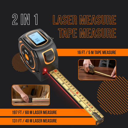 2-in-1 laser measure and tape measure device with LCD screen and measuring tape extended