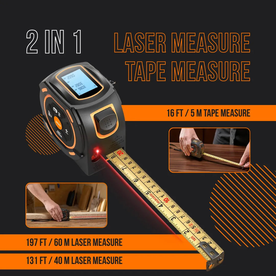 2-in-1 laser measure and tape measure device with LCD screen and measuring tape extended