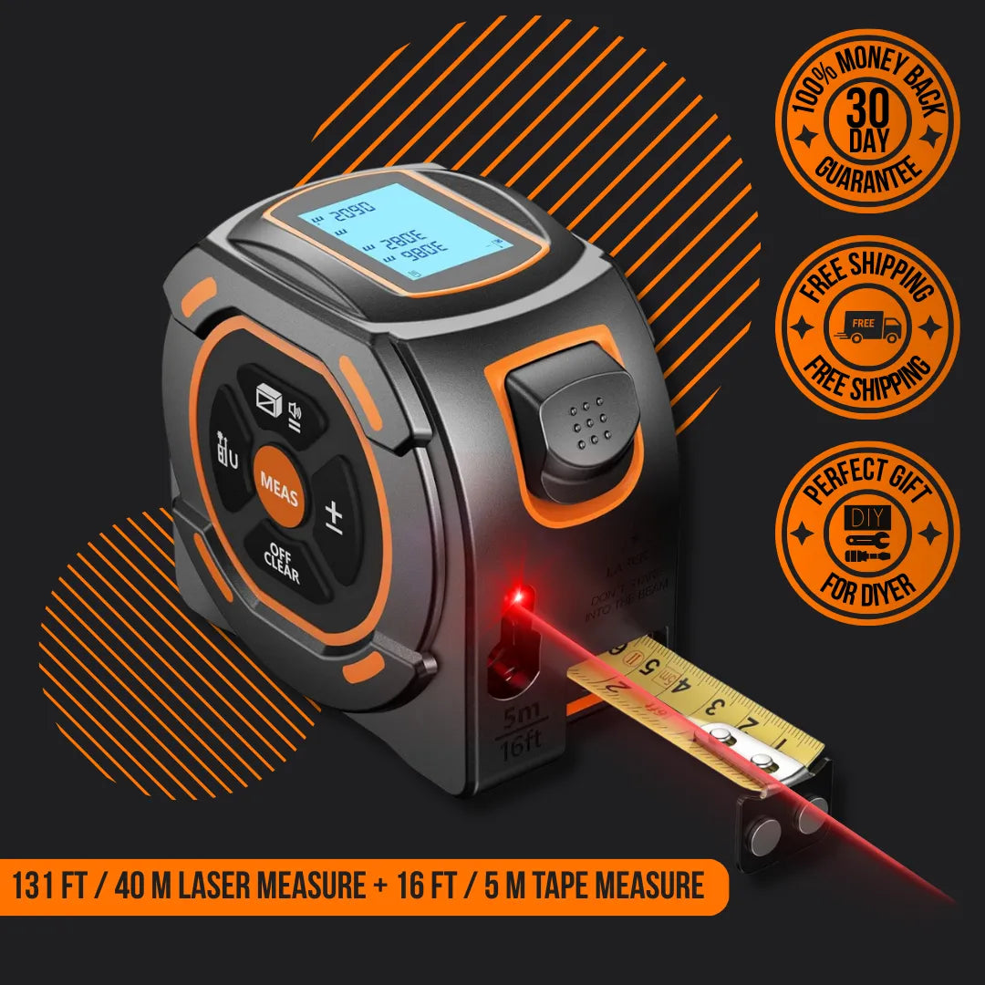 Digital laser tape measure with LCD screen and DIY tool icons on black background
