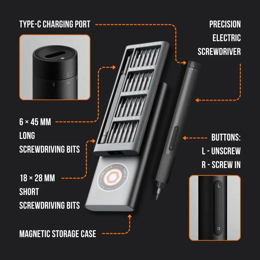 Precision electric screwdriver set with Type-C charging, magnetic storage, multiple screwdriver bits