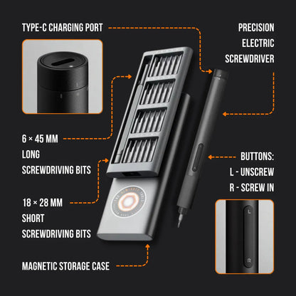 Precision electric screwdriver set with Type-C charging, magnetic storage, multiple screwdriver bits