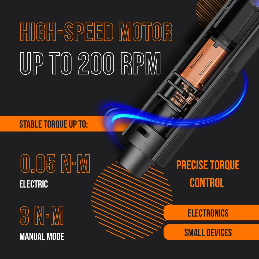 High-speed electric screwdriver motor diagram, 200 RPM, precise torque for electronics.