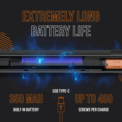 Electric screwdriver wand with 350mAh battery, USB-C charging, long battery life, up to 400 screws.
