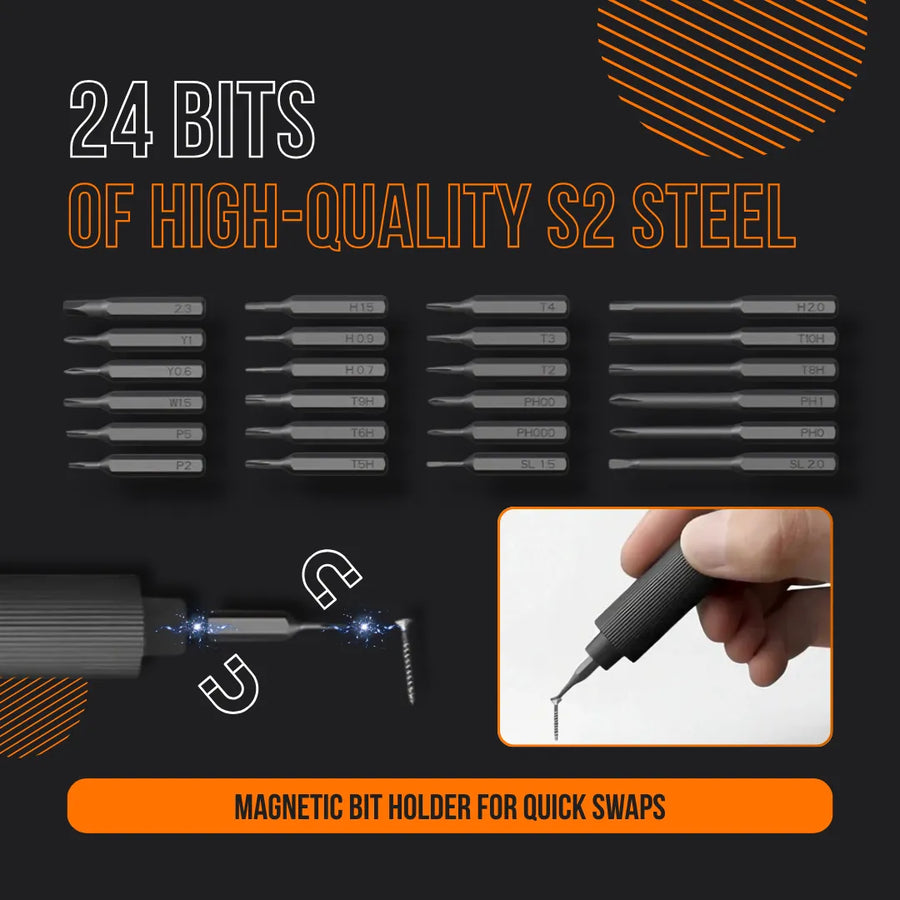 24 S2 steel screwdriver bits with magnetic bit holder for quick swaps, hand using tool