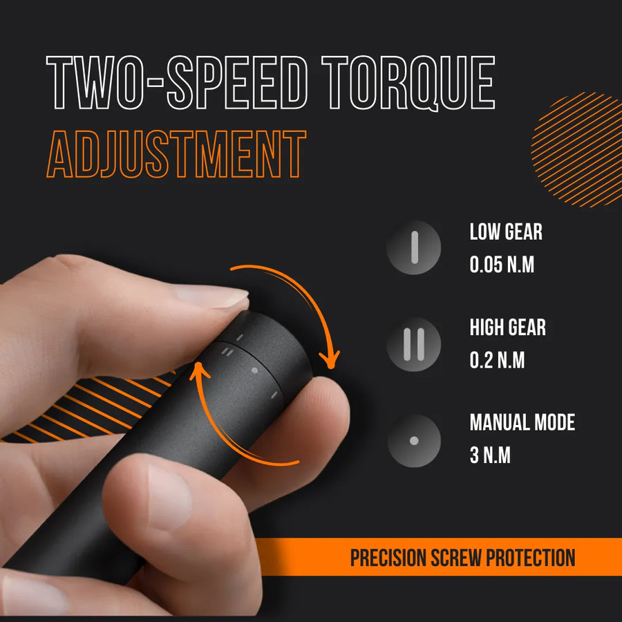 Hand adjusting black electric screwdriver with two-speed torque settings and precision screw protection.