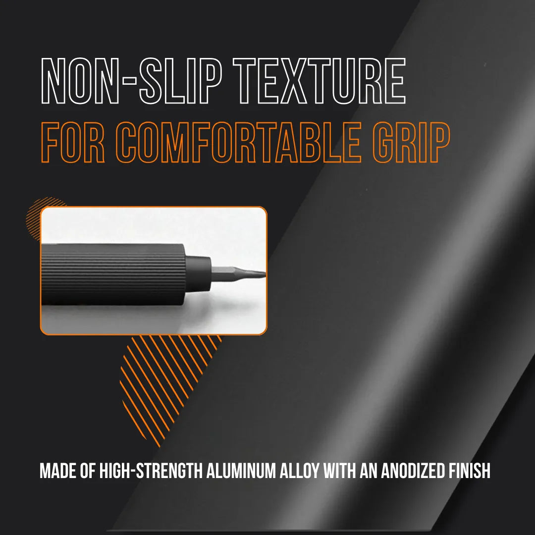 Close-up of black wizard wand with non-slip, ribbed aluminum alloy grip and anodized finish.