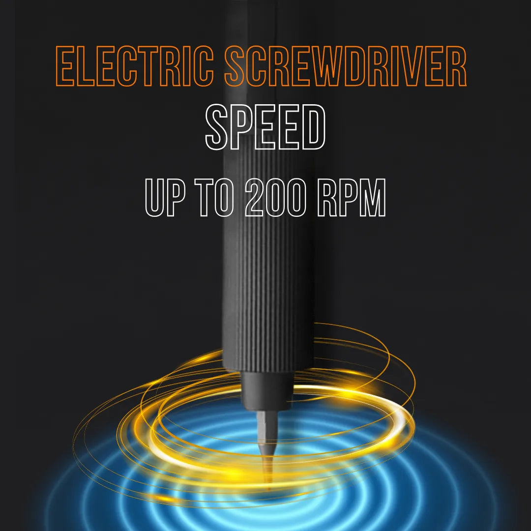 Black electric screwdriver with speed up to 200 RPM text and dynamic swirl graphic