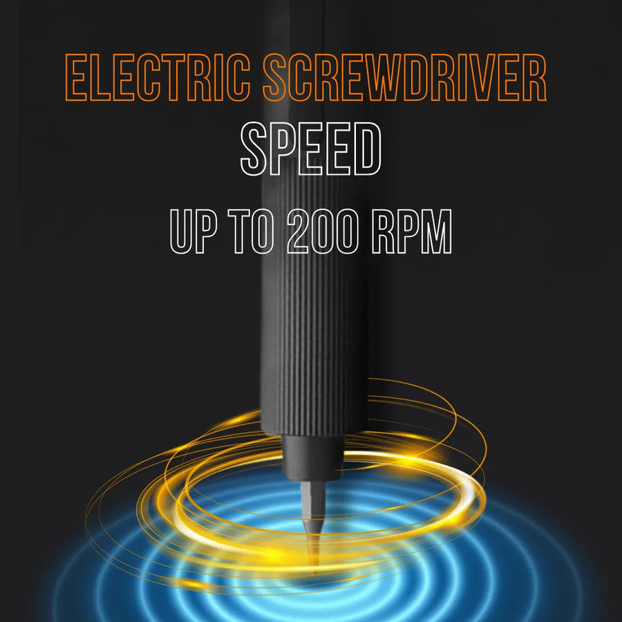 Black electric screwdriver with speed up to 200 RPM text and dynamic swirl graphic