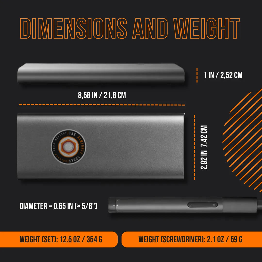 Almighty Wizard Wand screwdriver set size chart with dimensions and weights on black background