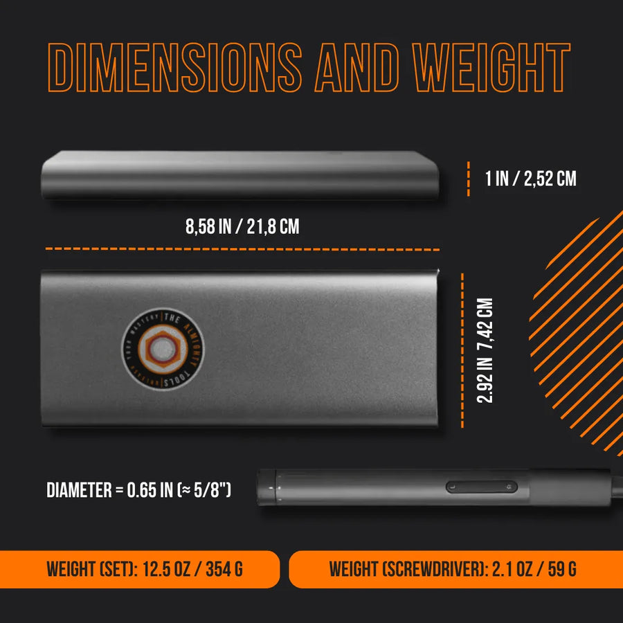 Almighty Wizard Wand screwdriver set size chart with dimensions and weights on black background