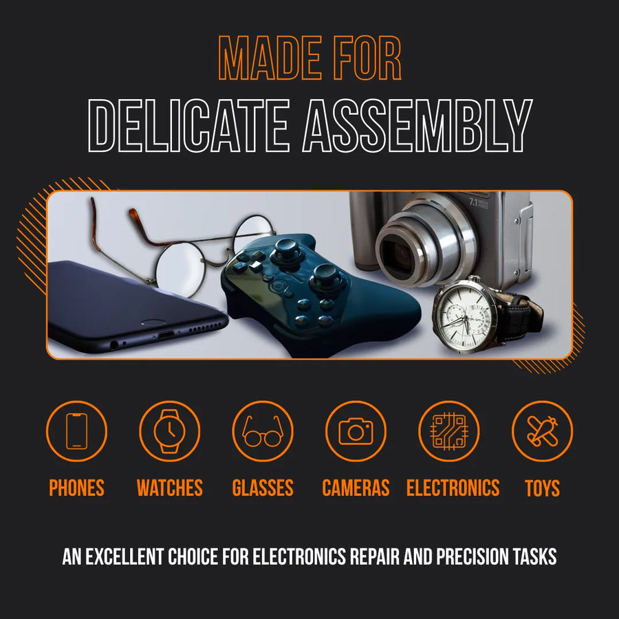 Delicate assembly tools for phones, watches, glasses, cameras, electronics, and toys.