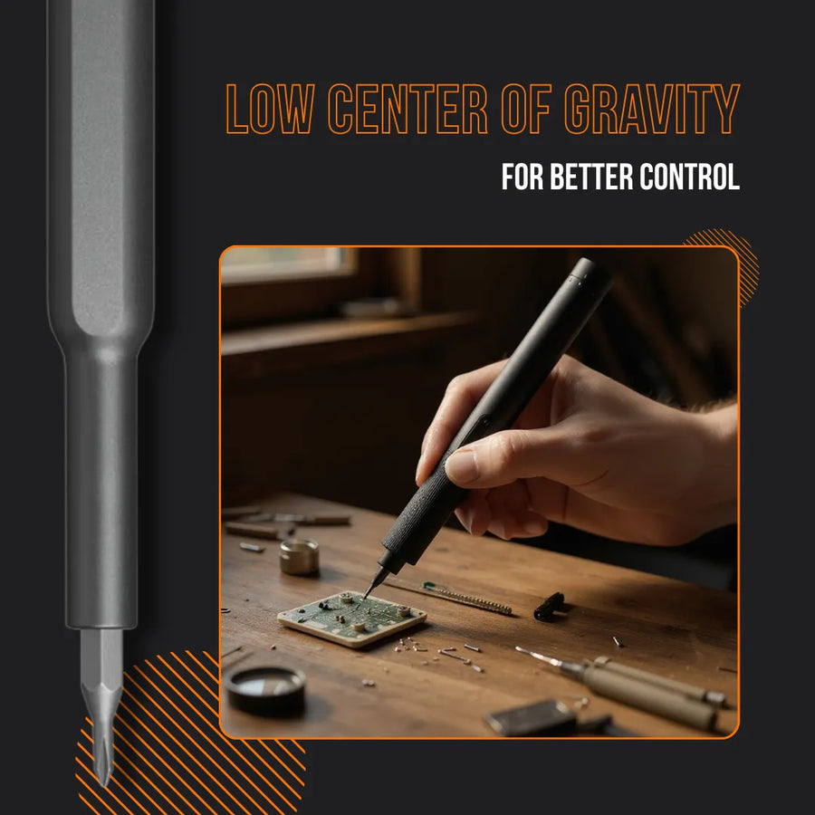 Precision electric screwdriver for electronics repair, hand holding tool over circuit board.