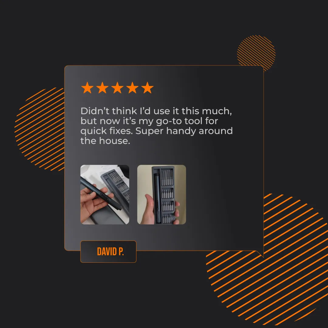 Five-star review for Almighty Wizard Wand tool kit with hand holding screwdriver and bit set.