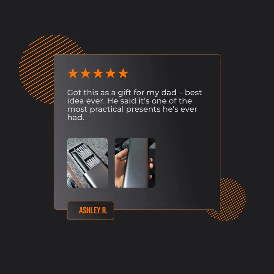 Five-star review for Almighty Wizard Wand gift, two product photos, black background.