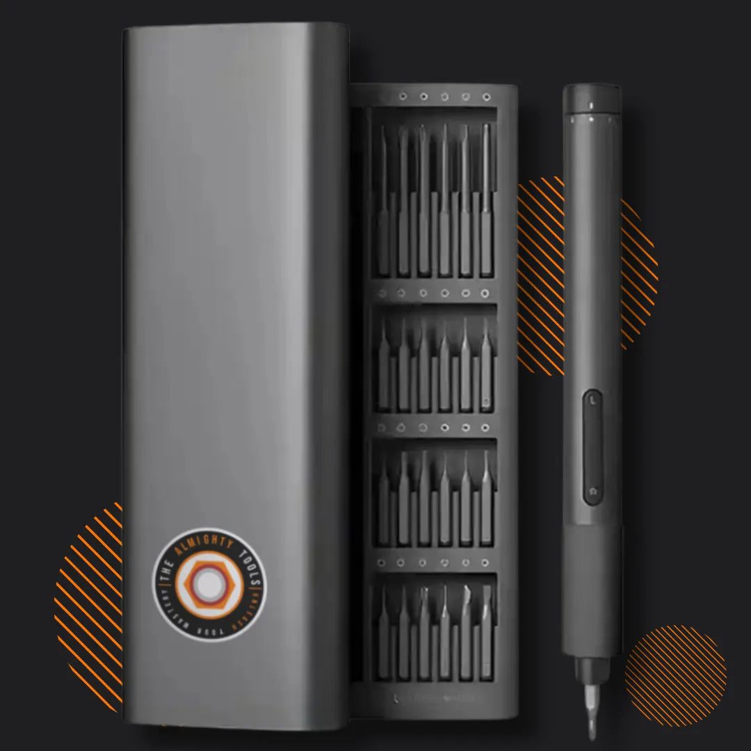 Electric precision screwdriver kit with multiple bits in sleek black case on dark background.